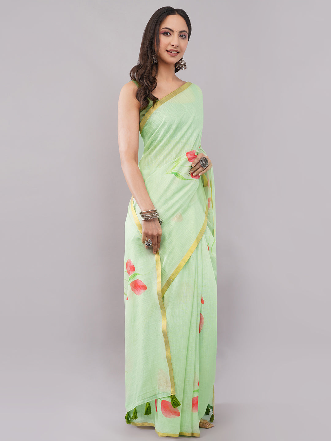 Samantha Women's Mint Green Linen Saree with Red Tulip Floral Print & Golden Zari Border | Breathable Summer Day Wear