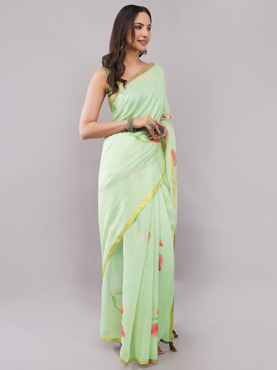 Samantha Women's Mint Green Linen Saree with Red Tulip Floral Print & Golden Zari Border | Breathable Summer Day Wear