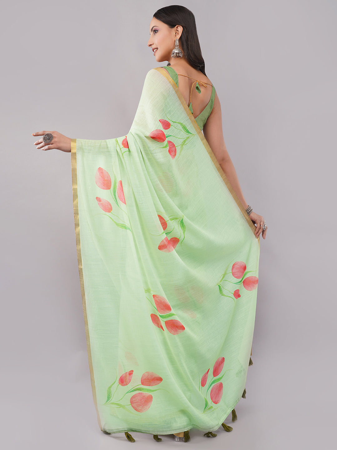 Samantha Women's Mint Green Linen Saree with Red Tulip Floral Print & Golden Zari Border | Breathable Summer Day Wear