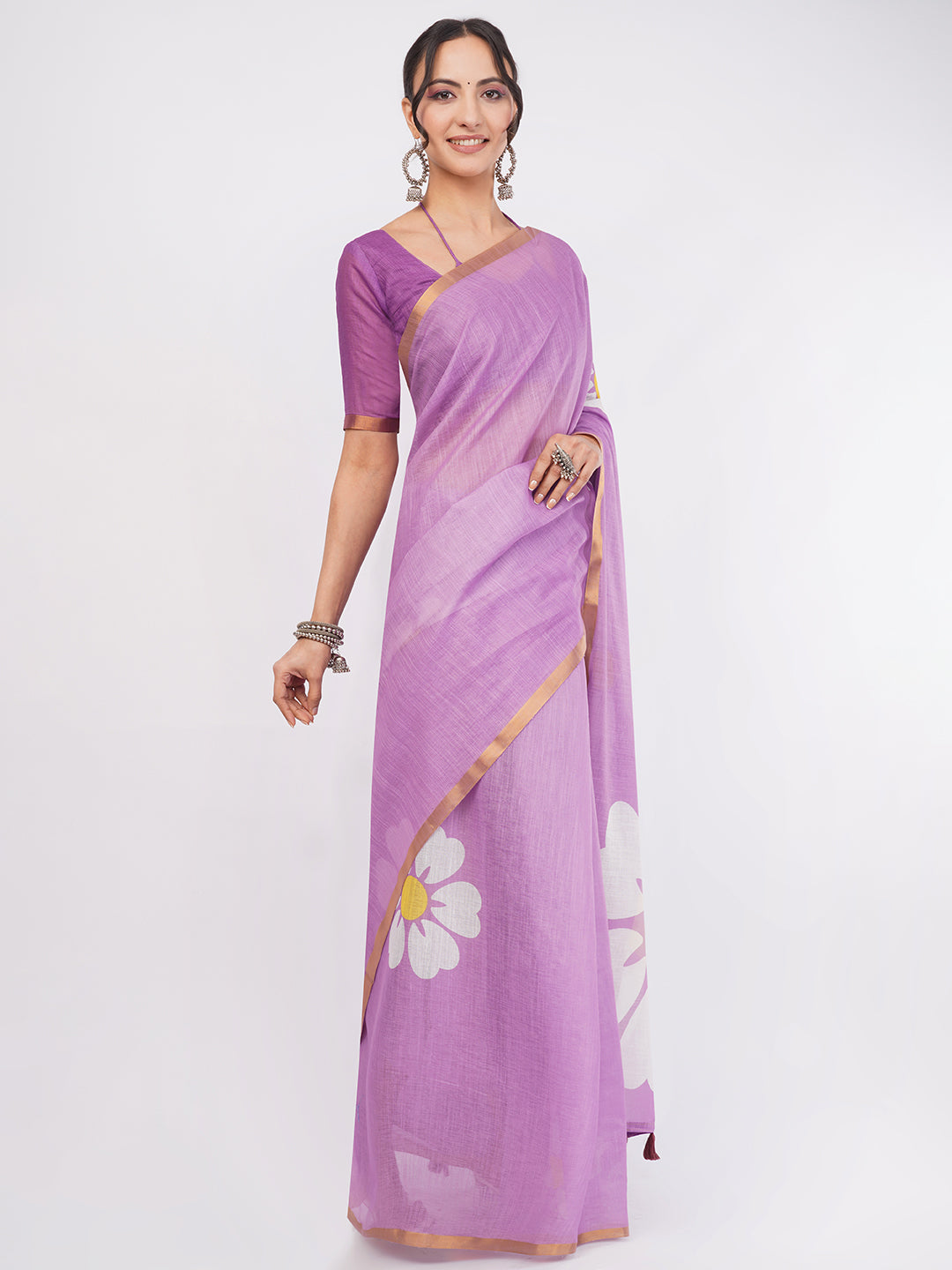 Samantha Women's Lavender Purple Linen Saree with Giant Daisy Floral Prints & Golden Zari Border | Breathable Summer Day Wear