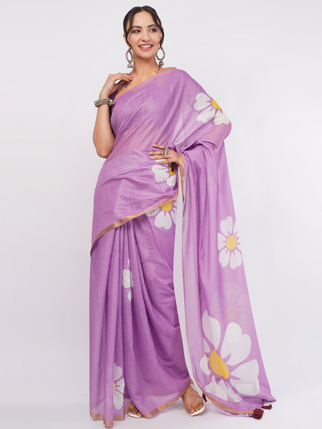 Samantha Women's Lavender Purple Linen Saree with Giant Daisy Floral Prints & Golden Zari Border | Breathable Summer Day Wear