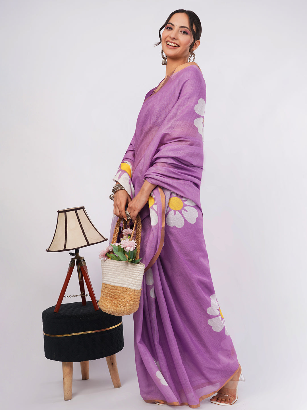 Samantha Women's Lavender Purple Linen Saree with Giant Daisy Floral Prints & Golden Zari Border | Breathable Summer Day Wear