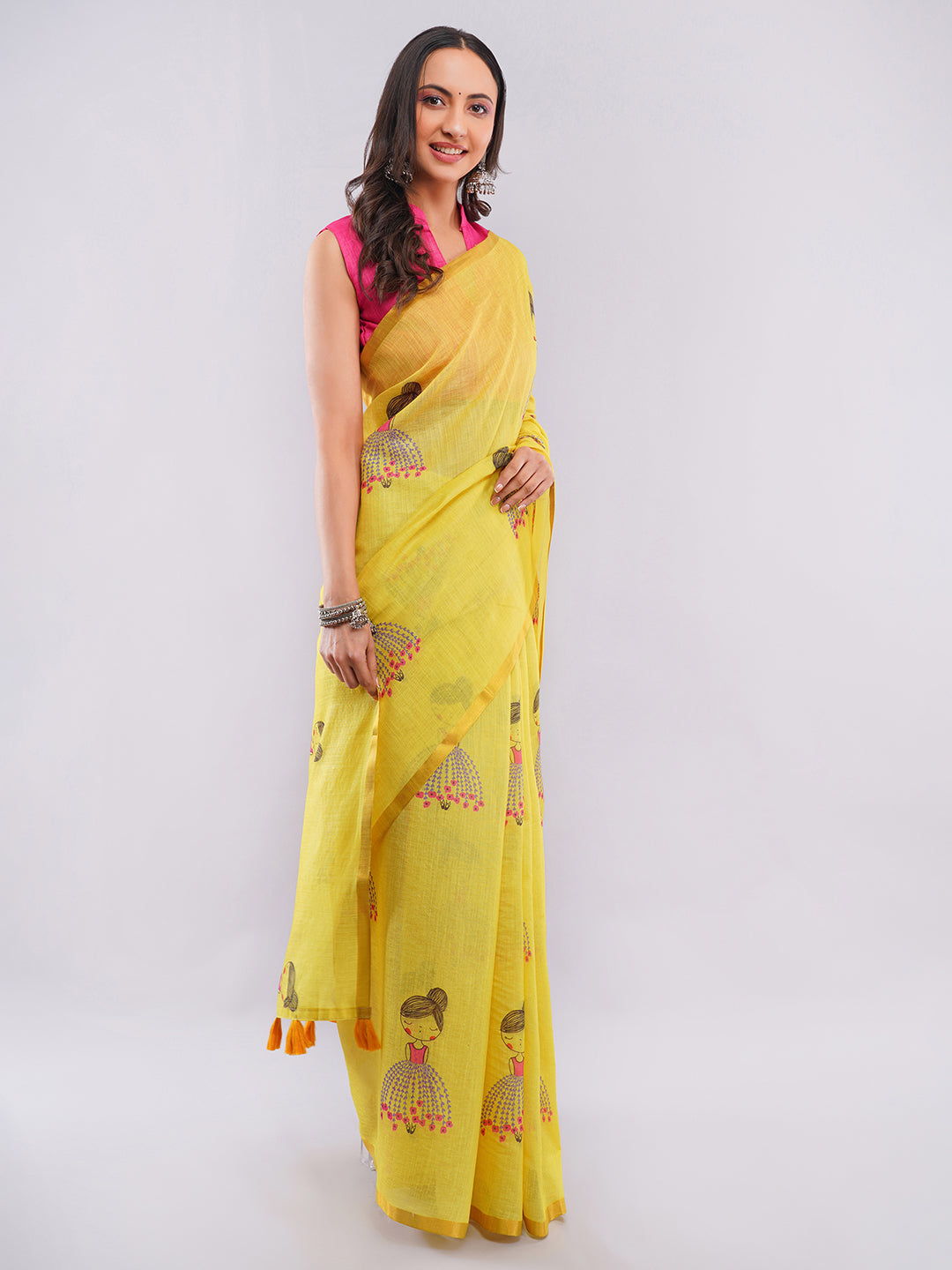 Samantha Women's Bright Yellow Linen Saree with Giant Daisy Floral Prints & Golden Zari Border | Breathable Summer Day Wear