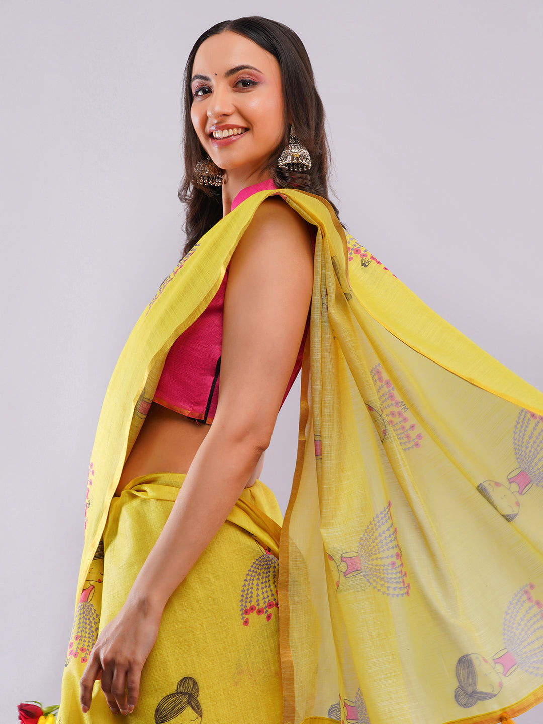 Samantha Women's Bright Yellow Linen Saree with Giant Daisy Floral Prints & Golden Zari Border | Breathable Summer Day Wear