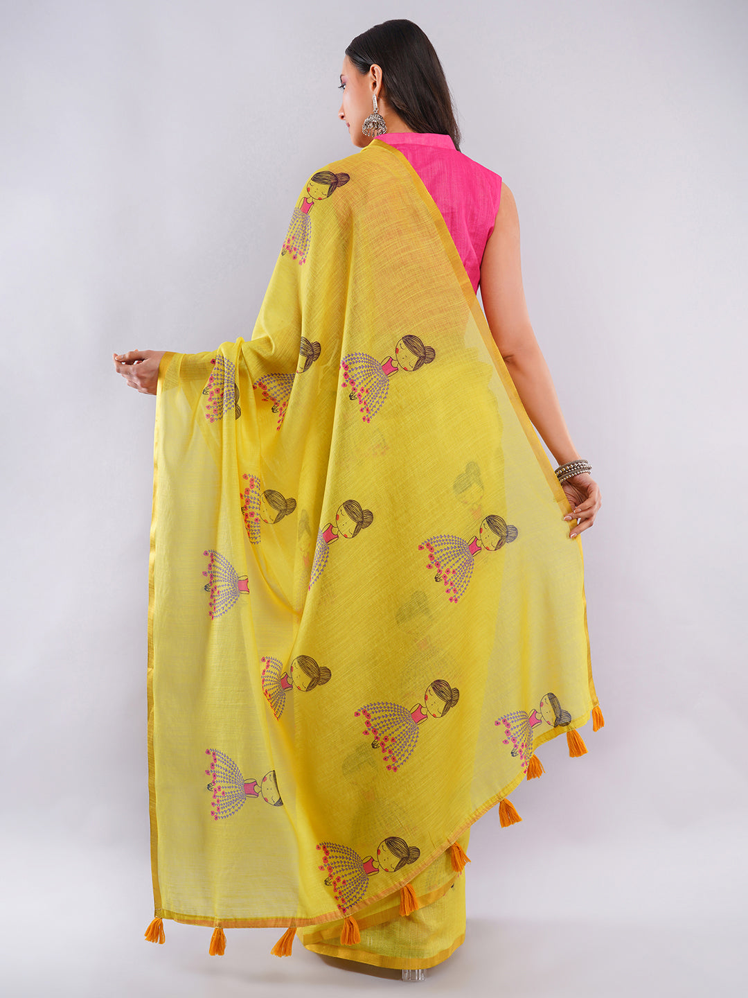 Samantha Women's Bright Yellow Linen Saree with Giant Daisy Floral Prints & Golden Zari Border | Breathable Summer Day Wear