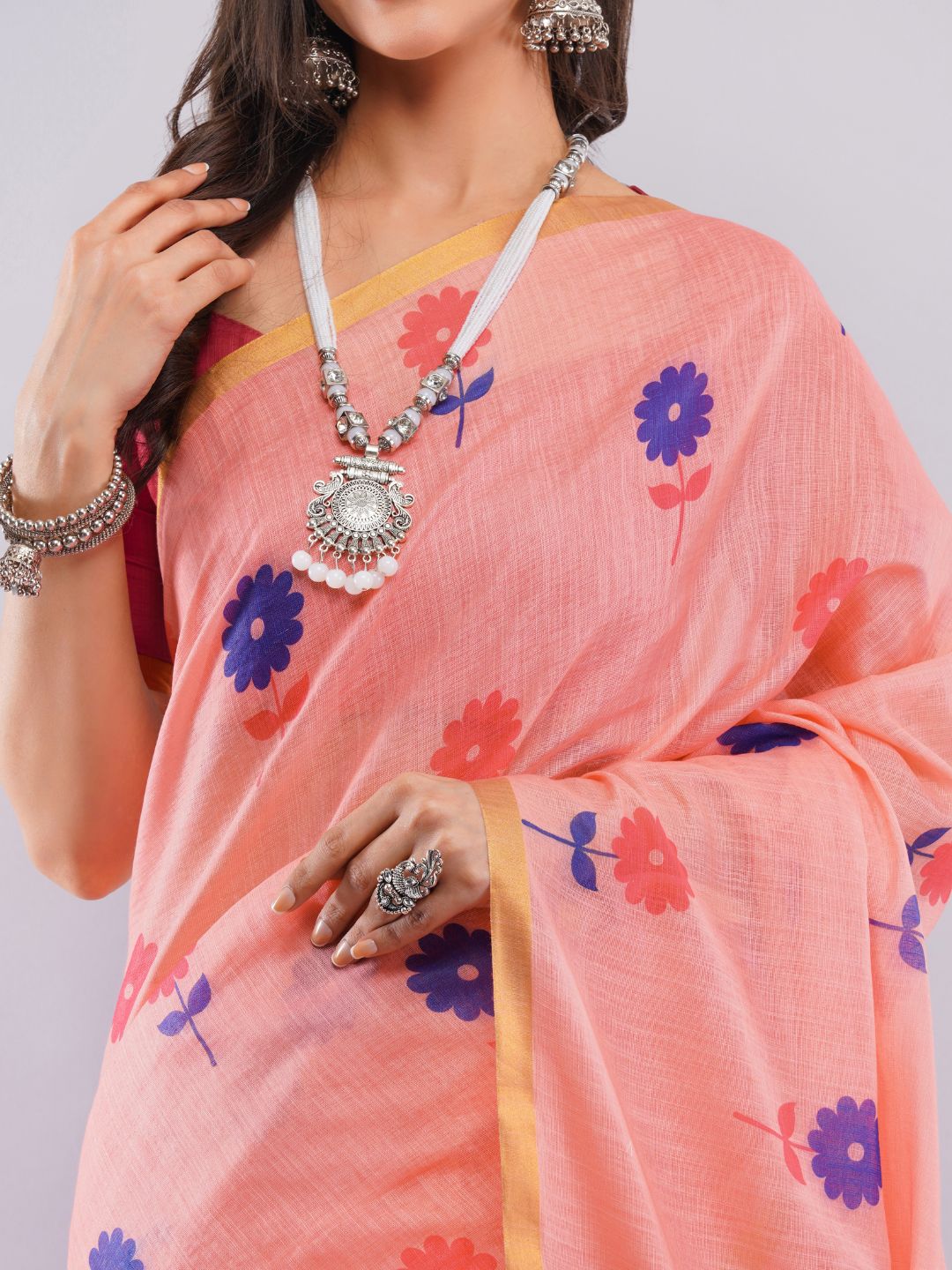 Samantha Women's Peach Linen Saree with Purple & Red Daisy Floral Print | Breathable Lightweight Summer Day Wear