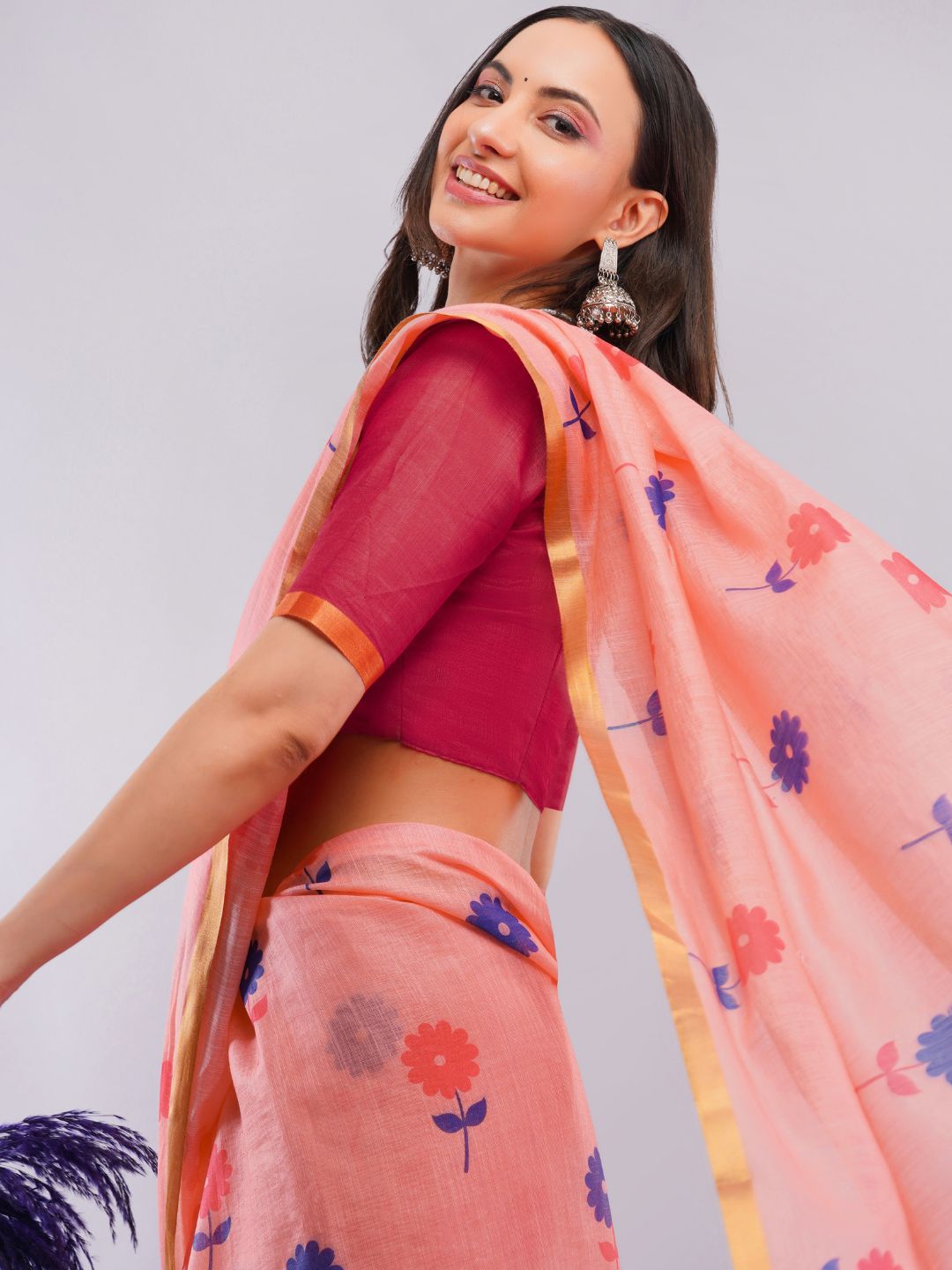 Samantha Women's Peach Linen Saree with Purple & Red Daisy Floral Print | Breathable Lightweight Summer Day Wear