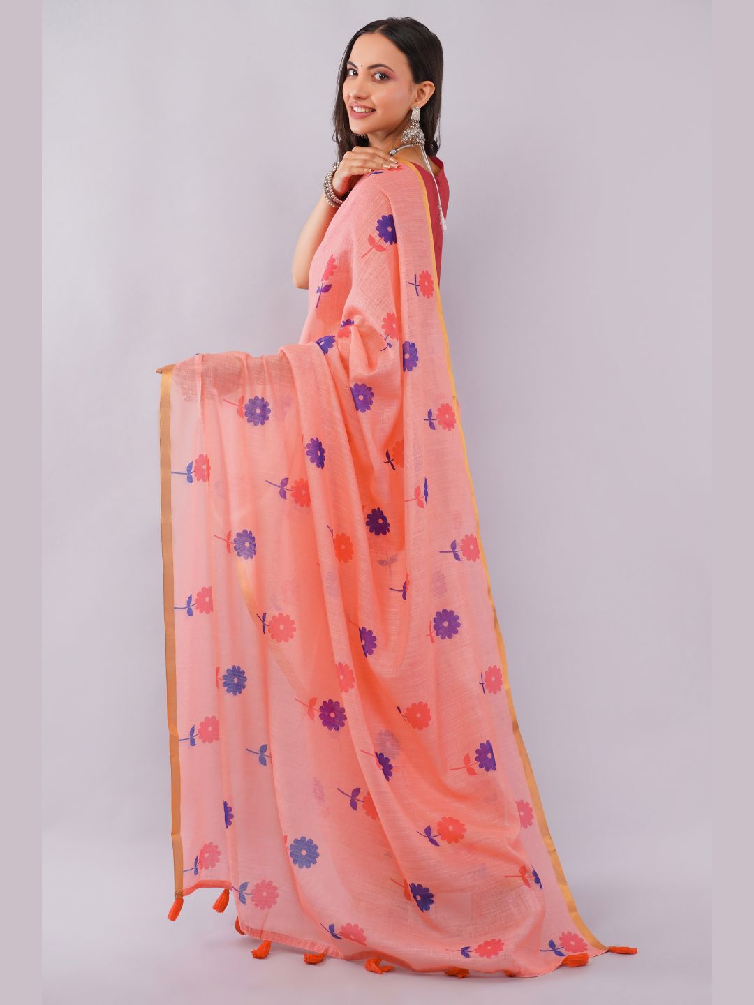 Samantha Women's Peach Linen Saree with Purple & Red Daisy Floral Print | Breathable Lightweight Summer Day Wear