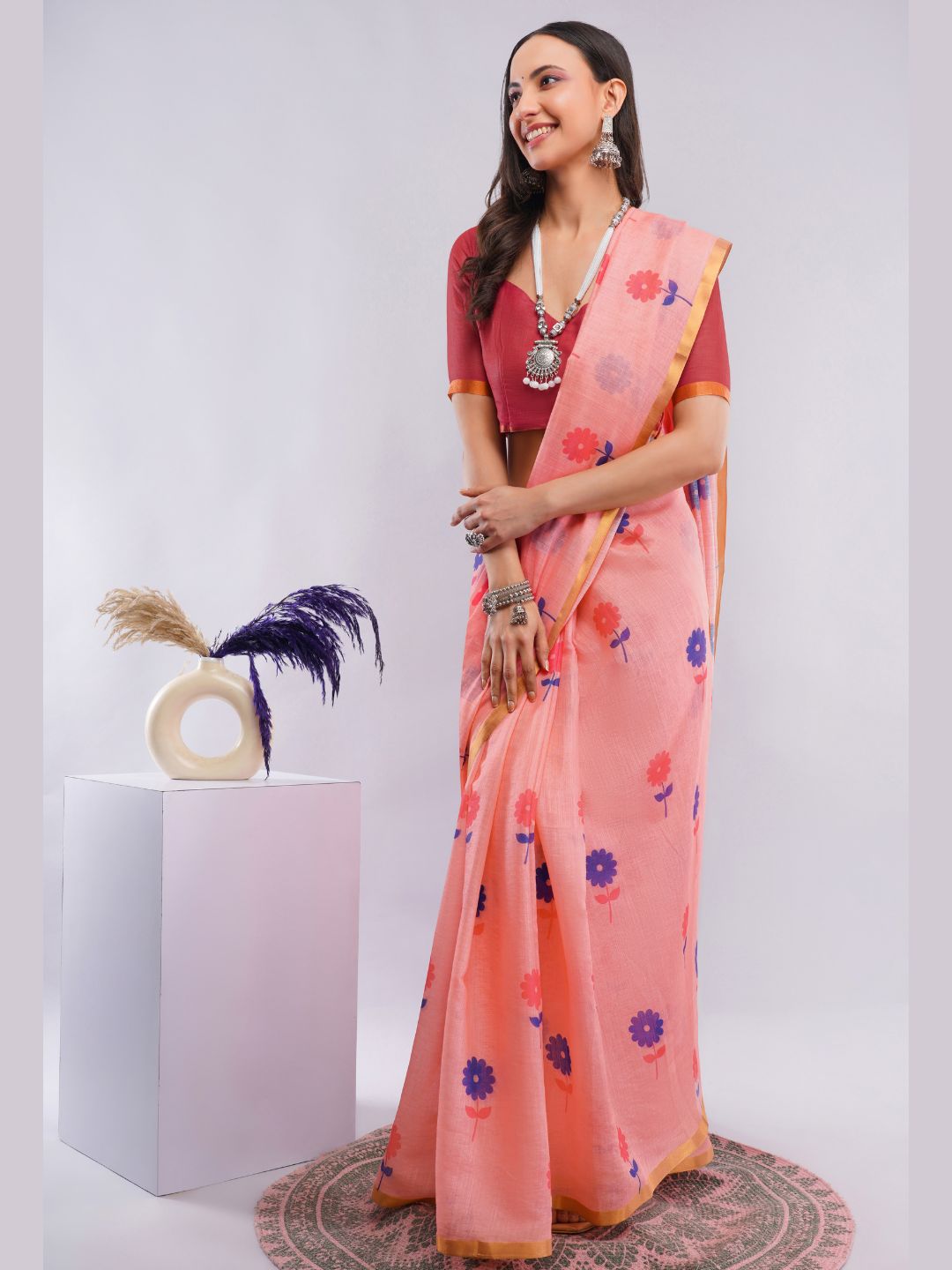 Samantha Women's Peach Linen Saree with Purple & Red Daisy Floral Print | Breathable Lightweight Summer Day Wear