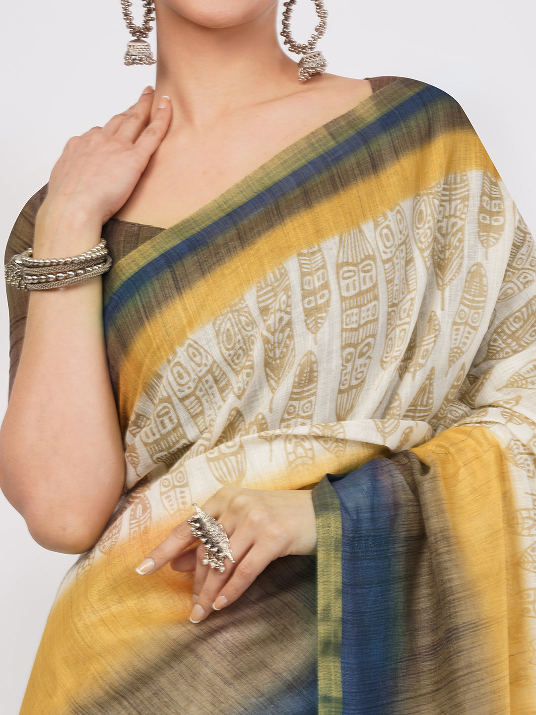 Samantha Women's Cream & Mustard Yellow Feather Printed Linen Saree with Olive Blouse | Elegant Breathable Office Wear