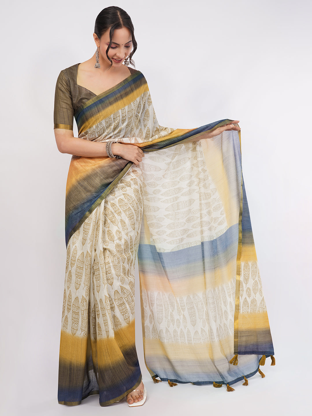 Samantha Women's Cream & Mustard Yellow Feather Printed Linen Saree with Olive Blouse | Elegant Breathable Office Wear