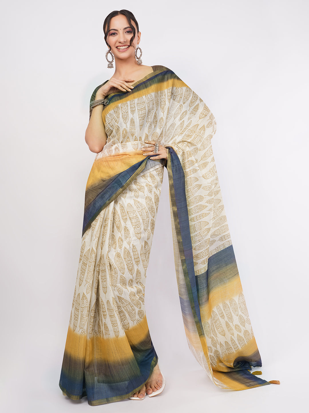 Samantha Women's Cream & Mustard Yellow Feather Printed Linen Saree with Olive Blouse | Elegant Breathable Office Wear