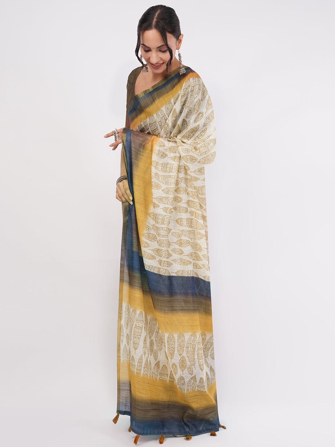 Samantha Women's Cream & Mustard Yellow Feather Printed Linen Saree with Olive Blouse | Elegant Breathable Office Wear