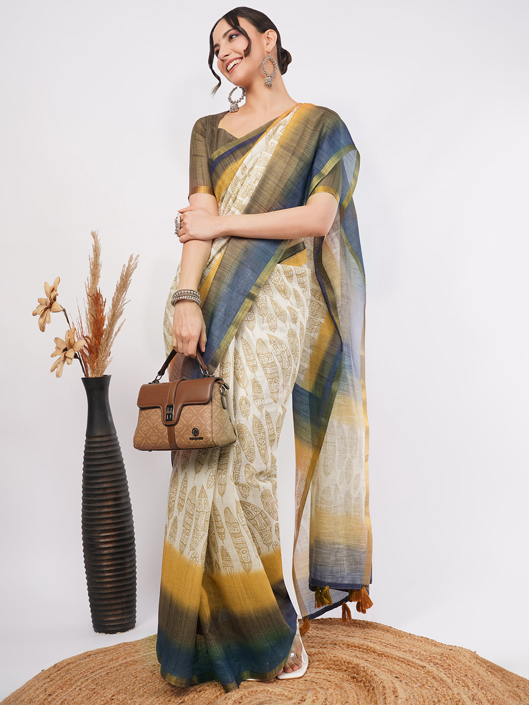 Samantha Women's Cream & Mustard Yellow Feather Printed Linen Saree with Olive Blouse | Elegant Breathable Office Wear