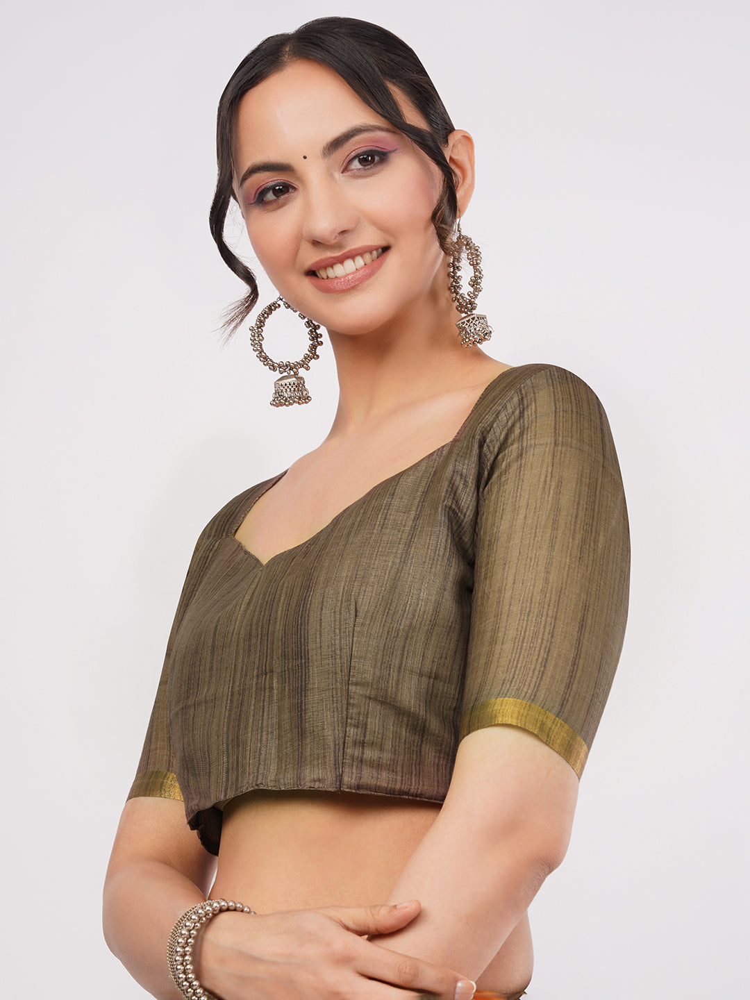 Samantha Women's Cream & Mustard Yellow Feather Printed Linen Saree with Olive Blouse | Elegant Breathable Office Wear