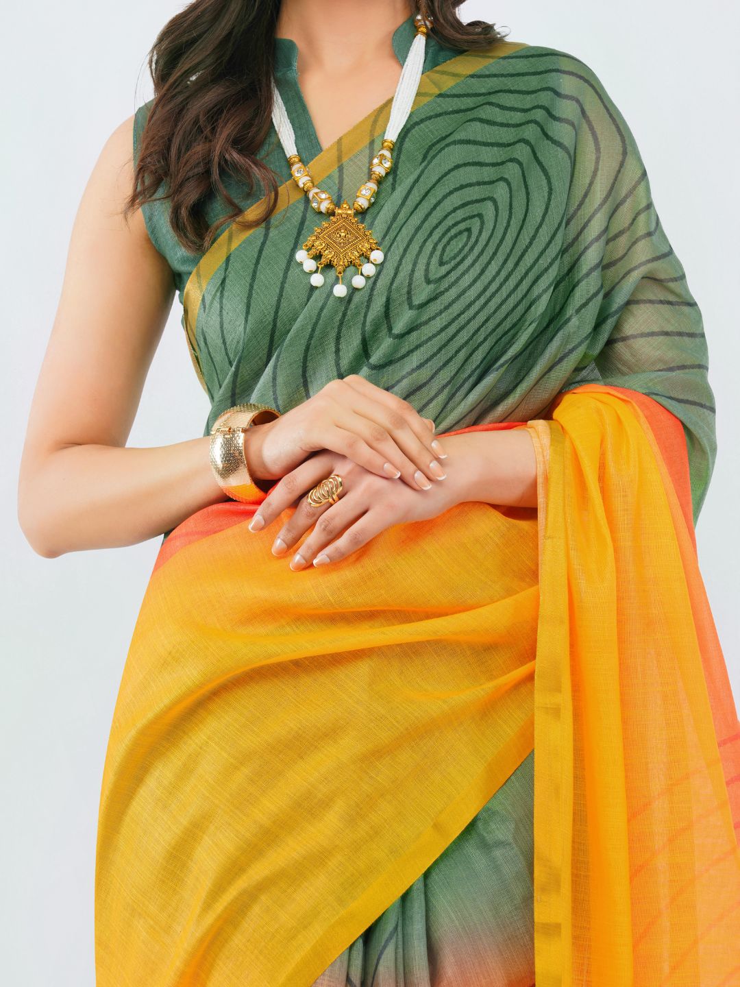 Samantha Women's Mehendi Green & Mustard Yellow Ombre Linen Saree with Geometric Vortex Patterns | Breathable Summer Festive Wear