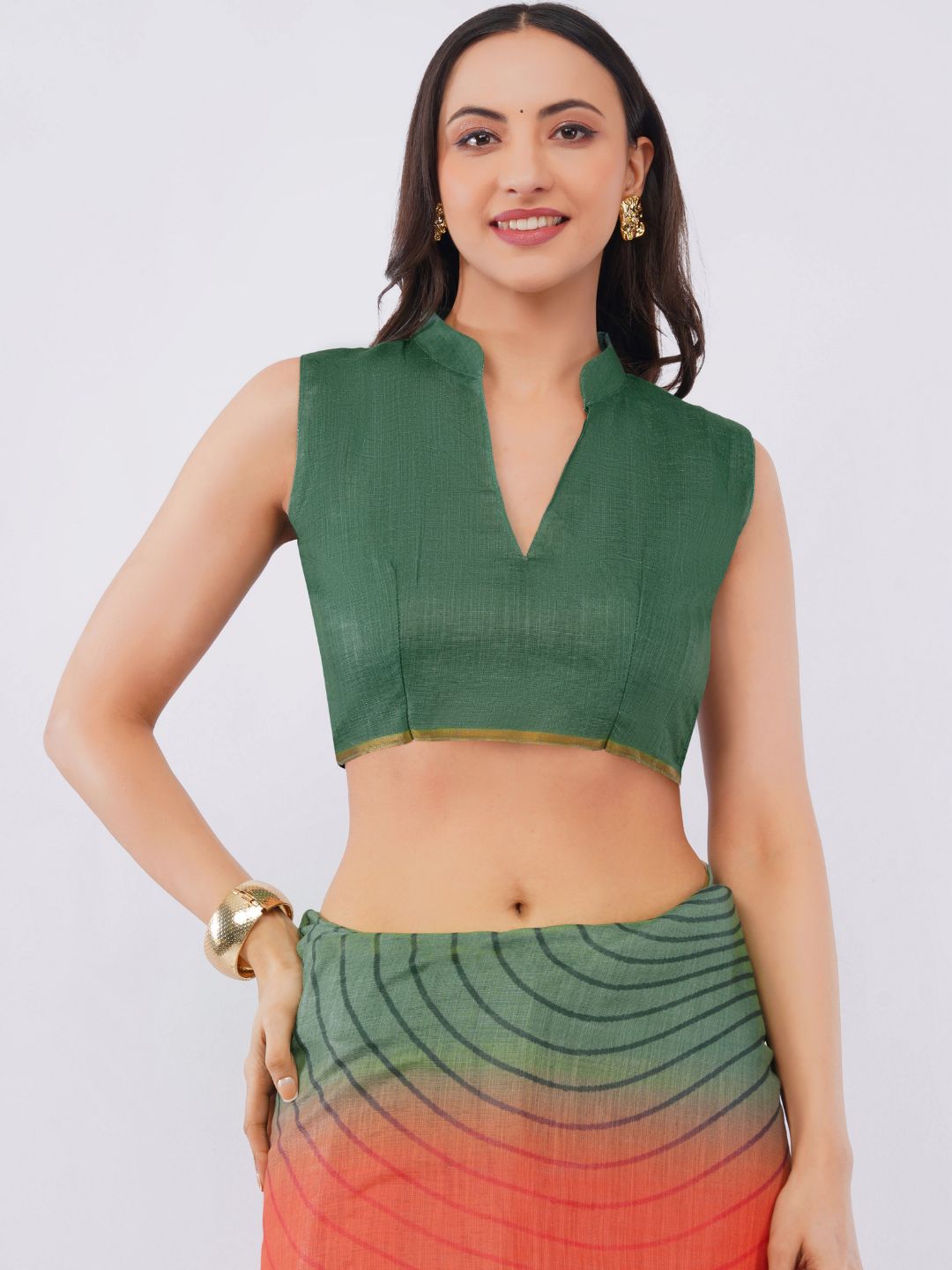 Samantha Women's Mehendi Green & Mustard Yellow Ombre Linen Saree with Geometric Vortex Patterns | Breathable Summer Festive Wear