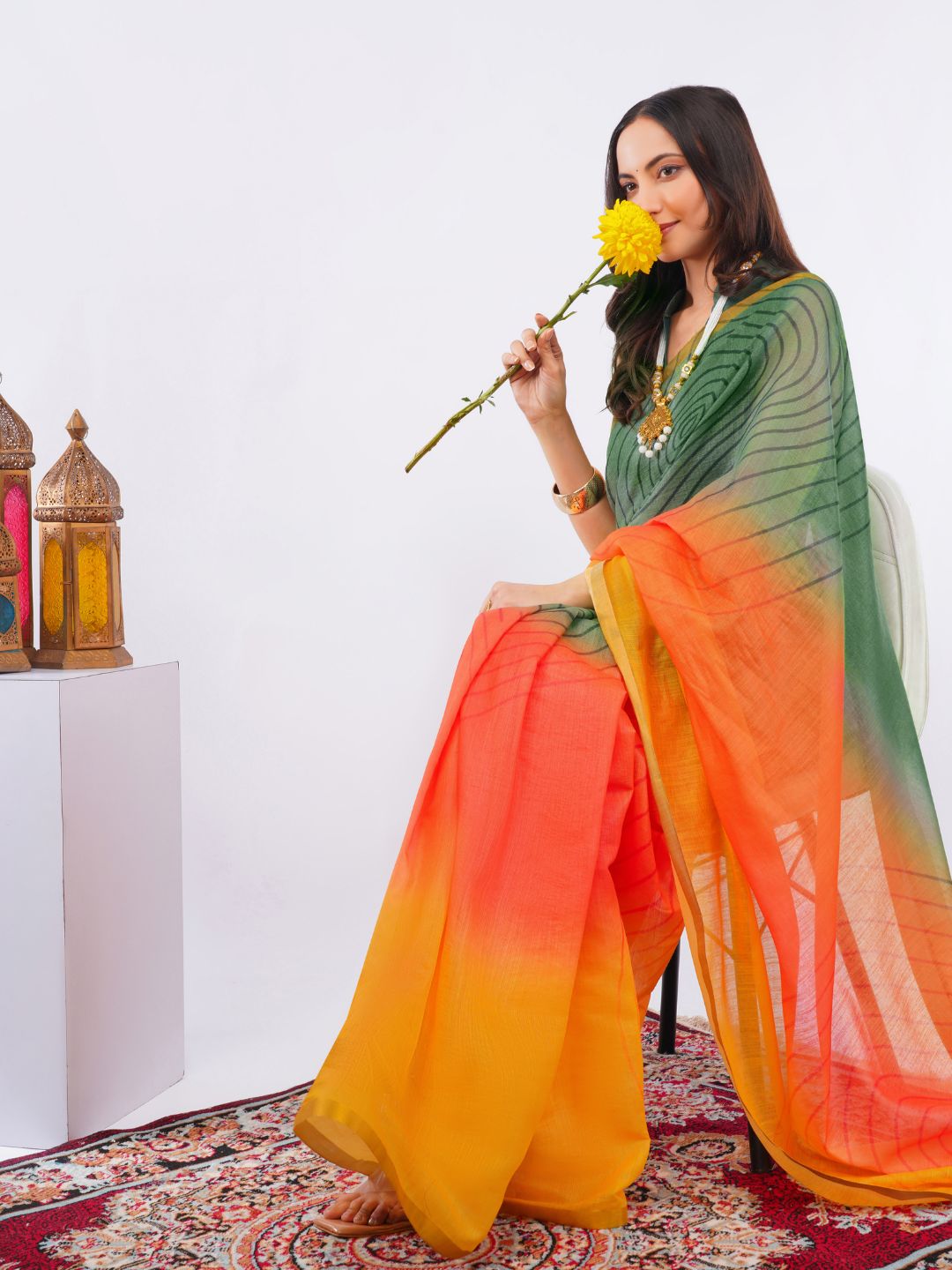 Samantha Women's Mehendi Green & Mustard Yellow Ombre Linen Saree with Geometric Vortex Patterns | Breathable Summer Festive Wear