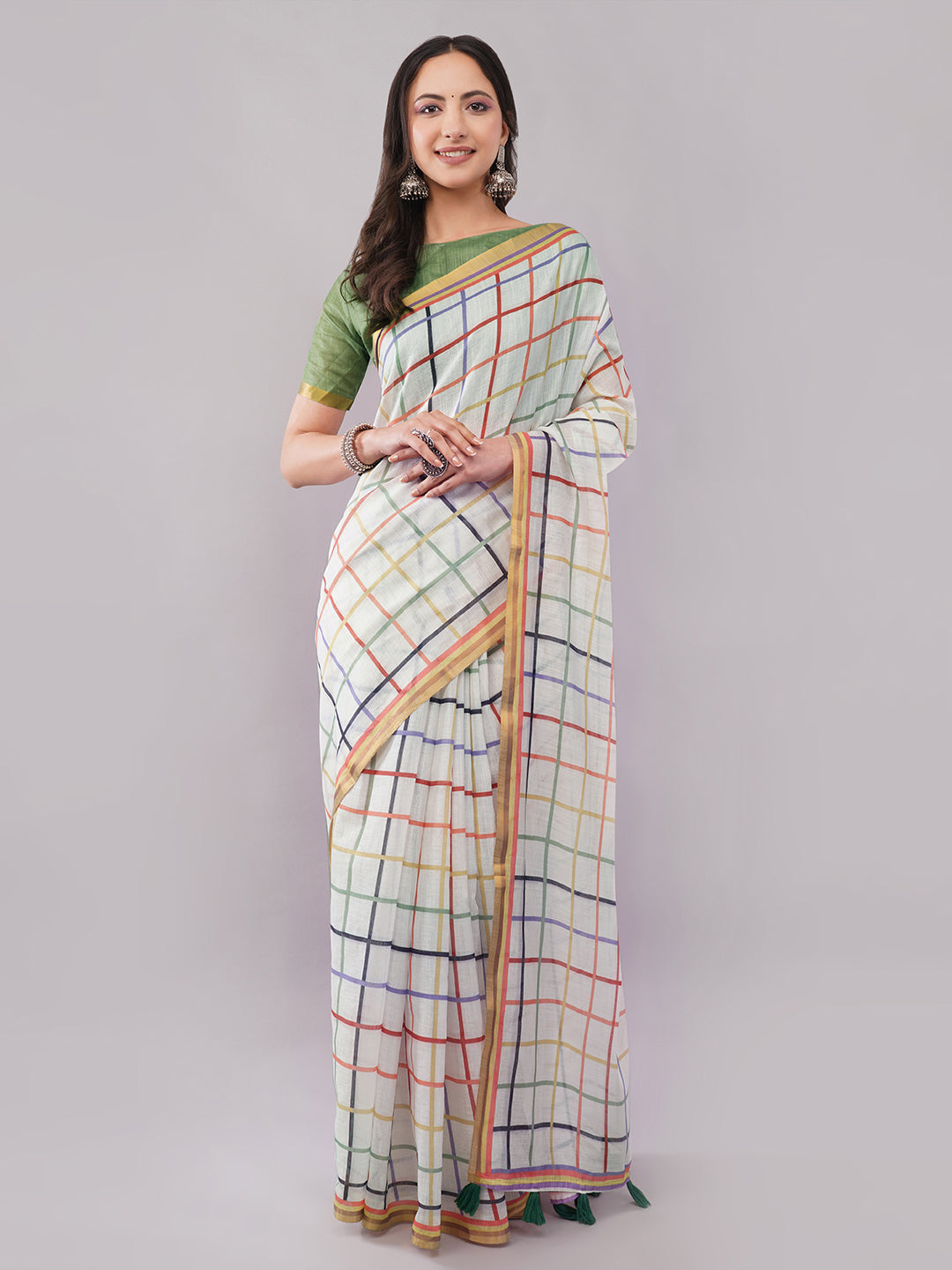 White linen saree with multicolor rainbow check pattern draped by woman for office wear by Samantha