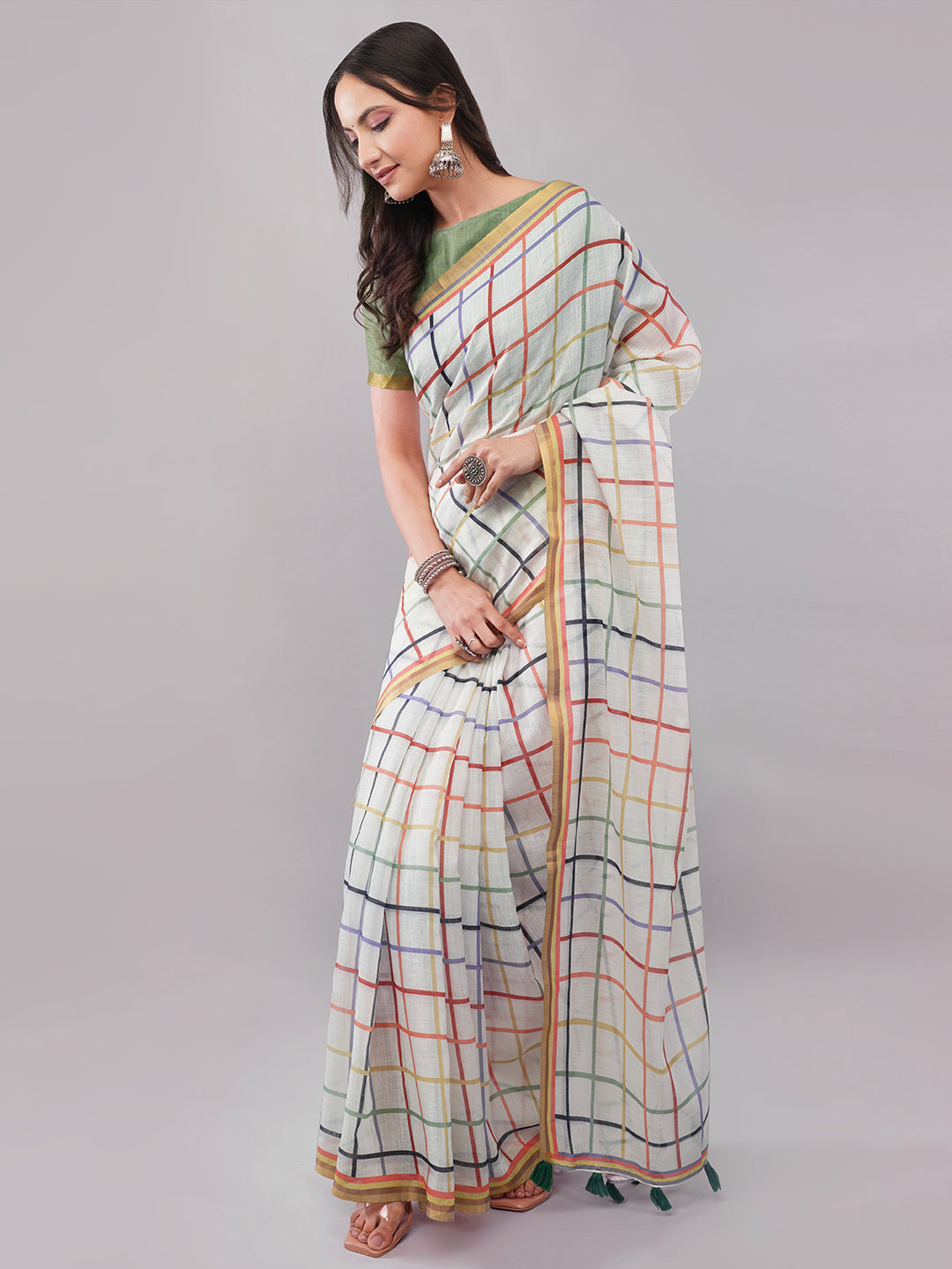 Samantha Women's White Linen Saree with Multicolor Rainbow Check Pattern & Zari Border | Breathable Summer Day Wear