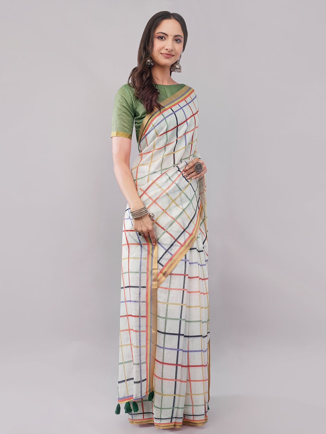 Samantha Women's White Linen Saree with Multicolor Rainbow Check Pattern & Zari Border | Breathable Summer Day Wear
