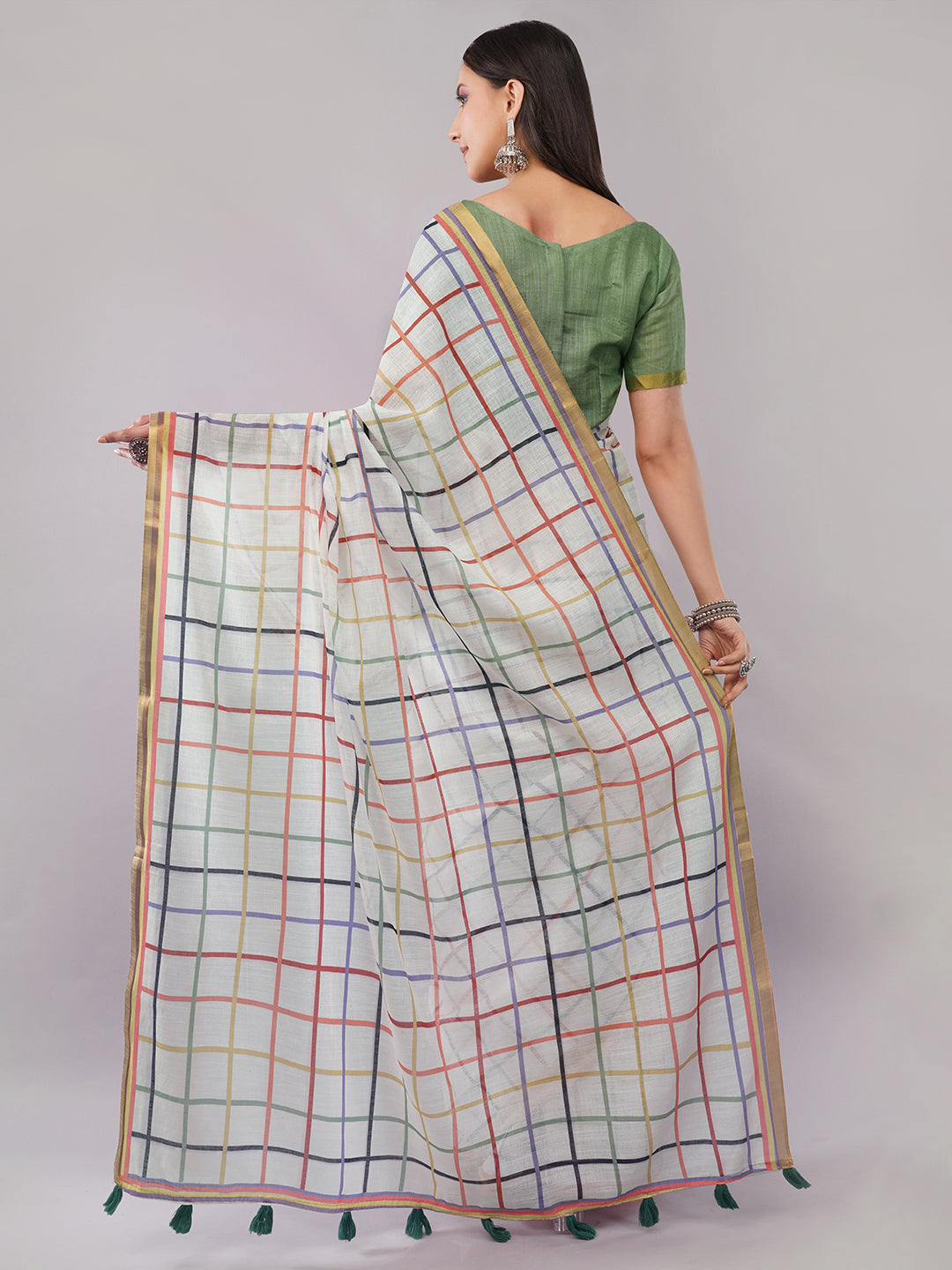 Samantha Women's White Linen Saree with Multicolor Rainbow Check Pattern & Zari Border | Breathable Summer Day Wear