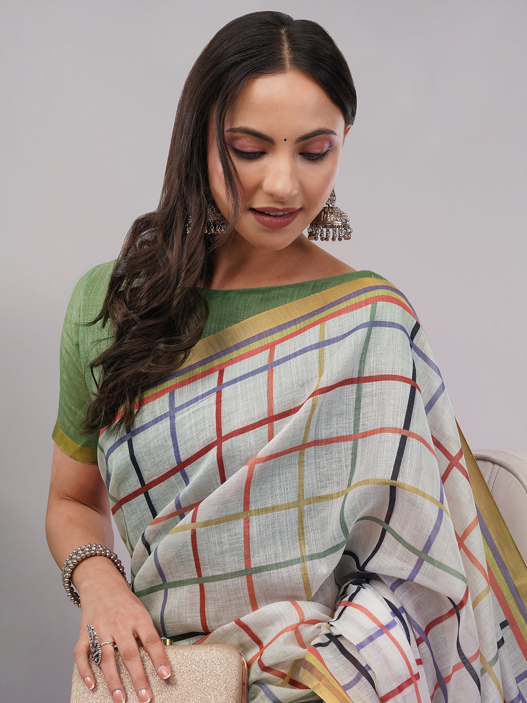 Samantha Women's White Linen Saree with Multicolor Rainbow Check Pattern & Zari Border | Breathable Summer Day Wear