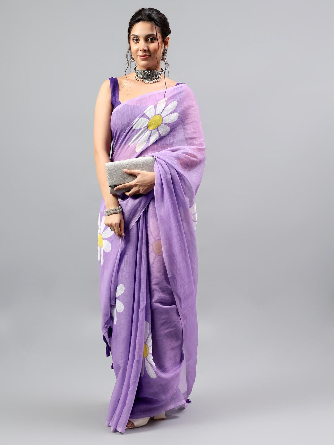 Samantha Lavender Purple Art Linen Saree | Bold Daisy Floral Print
