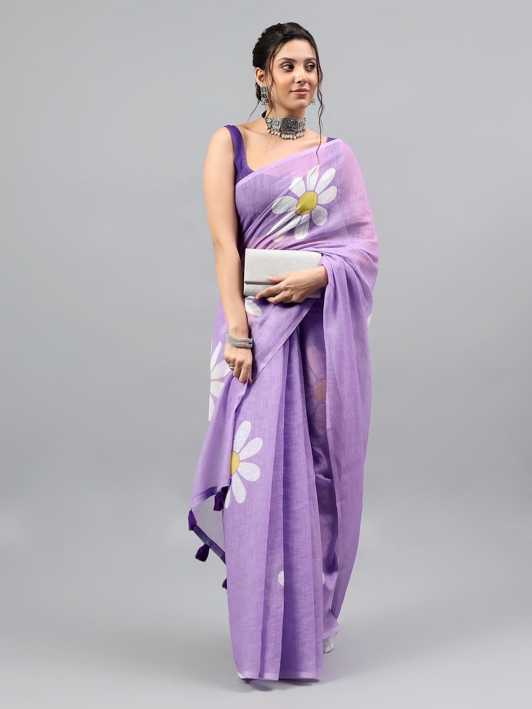 Samantha Lavender Purple Art Linen Saree | Bold Daisy Floral Print