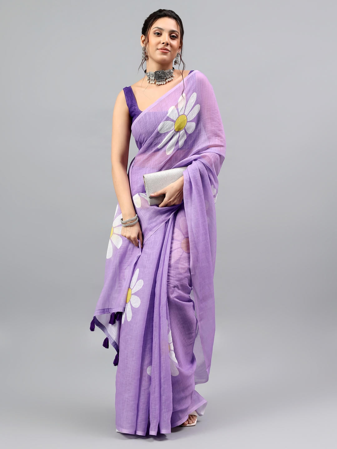Samantha Lavender Purple Art Linen Saree | Bold Daisy Floral Print
