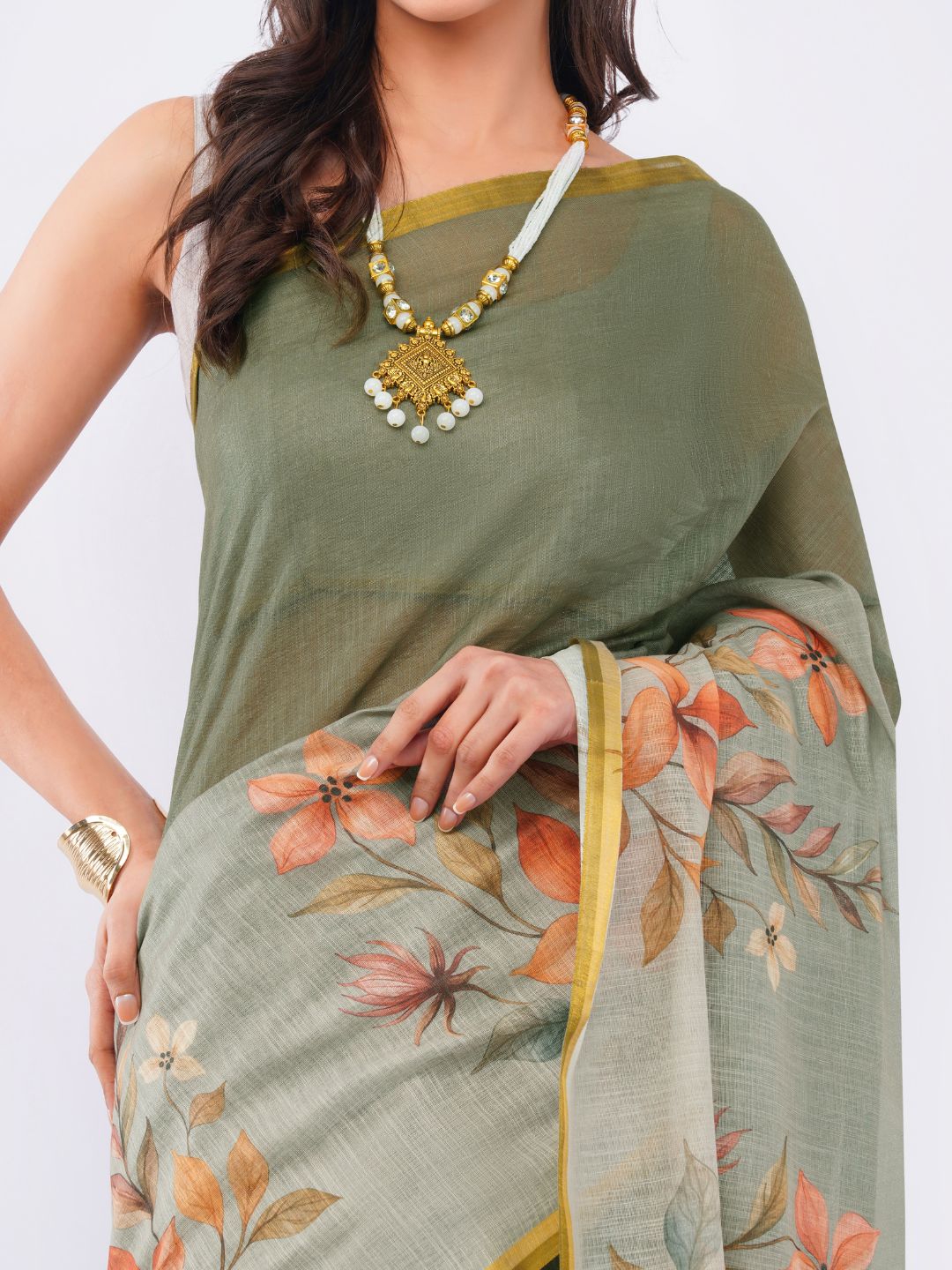 Samantha Women's Dusty Moss Green Linen Saree with Autumnal Floral Print & Contrast Blouse | Breathable Elegant Office Wear