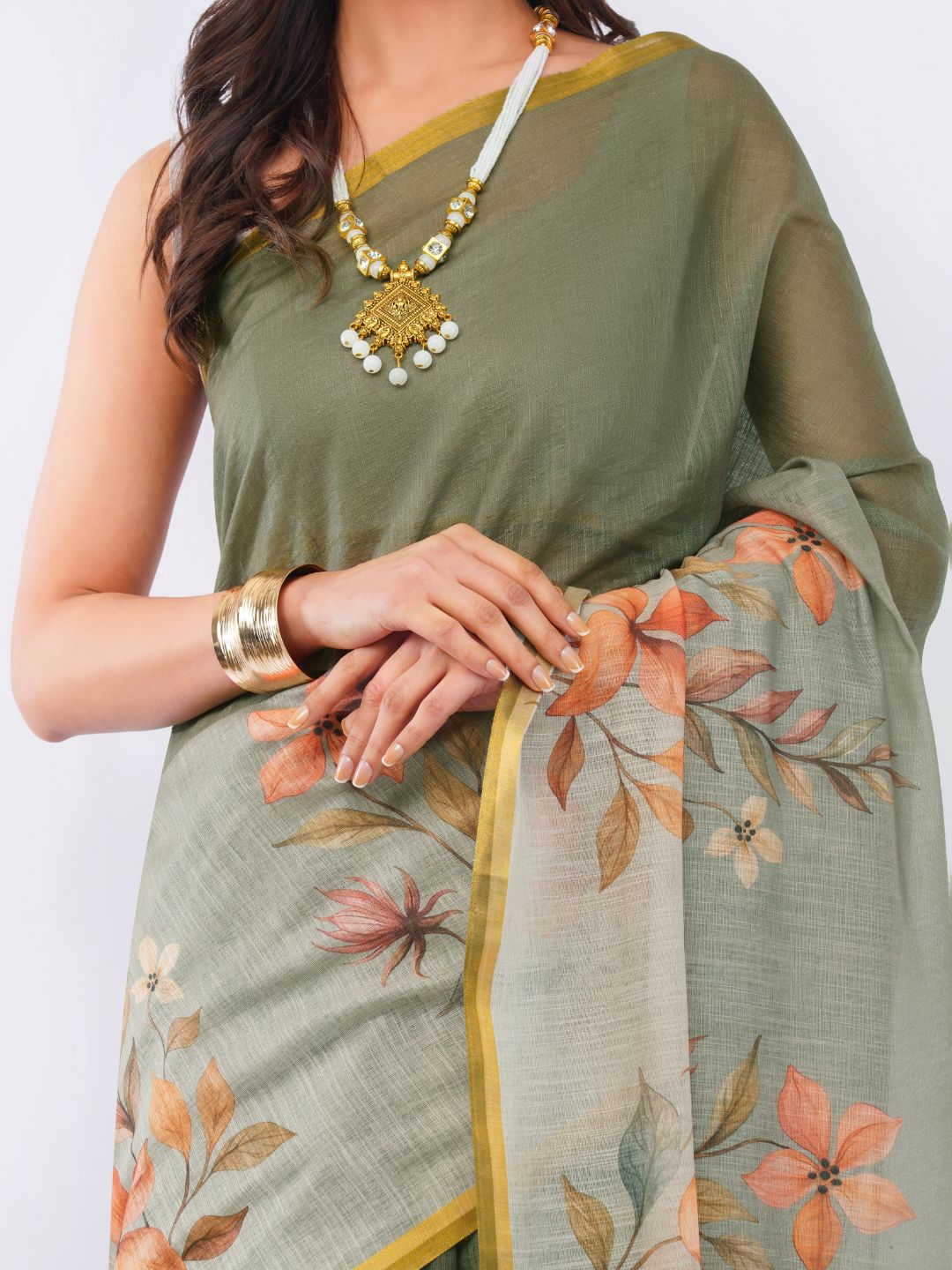 Samantha Women's Dusty Moss Green Linen Saree with Autumnal Floral Print & Contrast Blouse | Breathable Elegant Office Wear