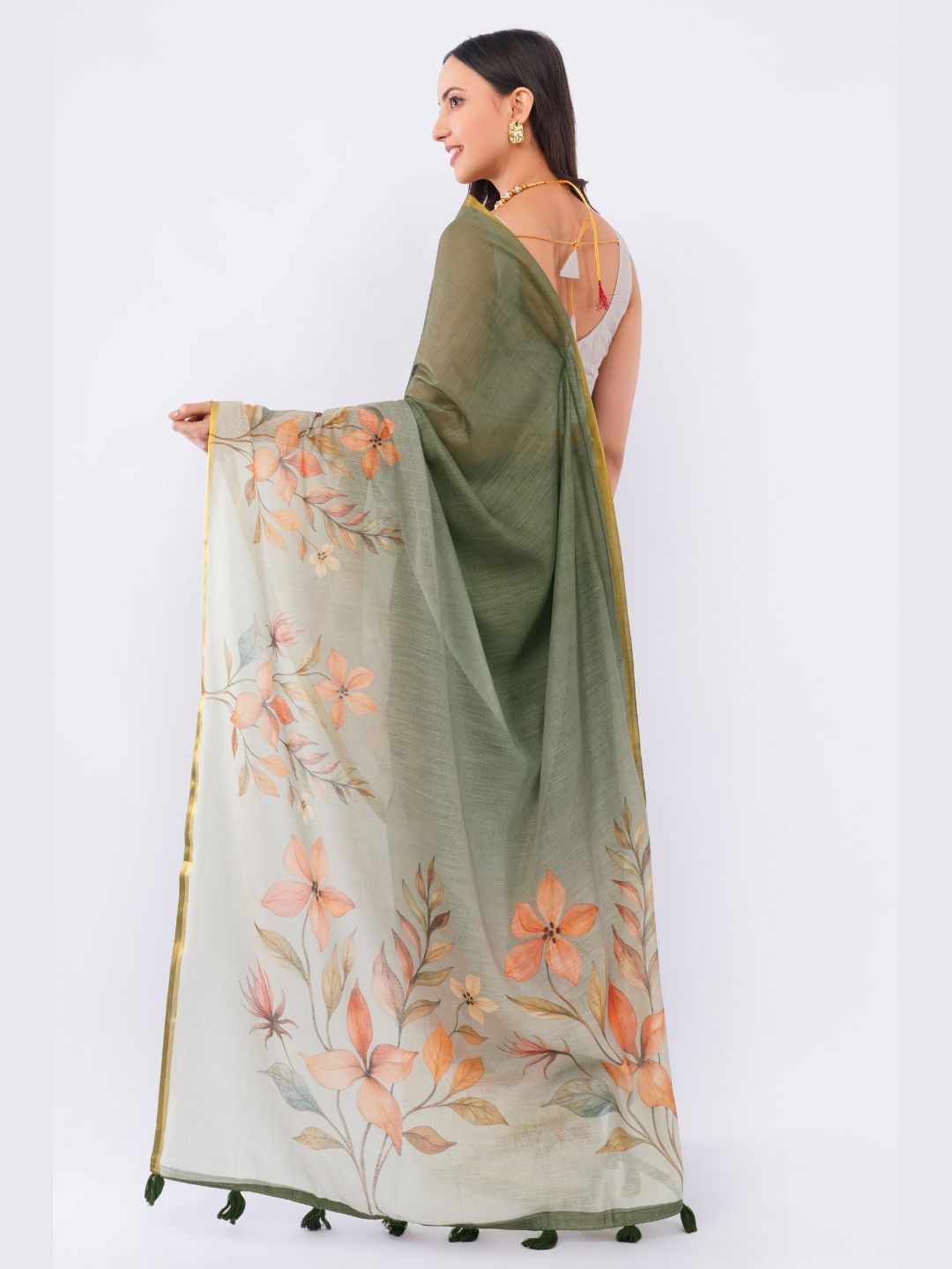 Samantha Women's Dusty Moss Green Linen Saree with Autumnal Floral Print & Contrast Blouse | Breathable Elegant Office Wear