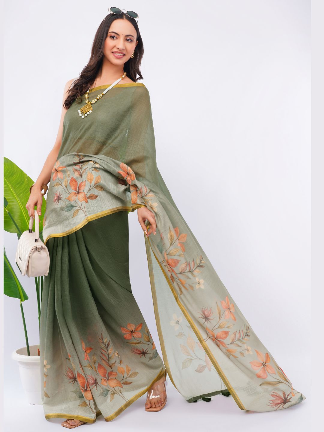 Samantha Women's Dusty Moss Green Linen Saree with Autumnal Floral Print & Contrast Blouse | Breathable Elegant Office Wear