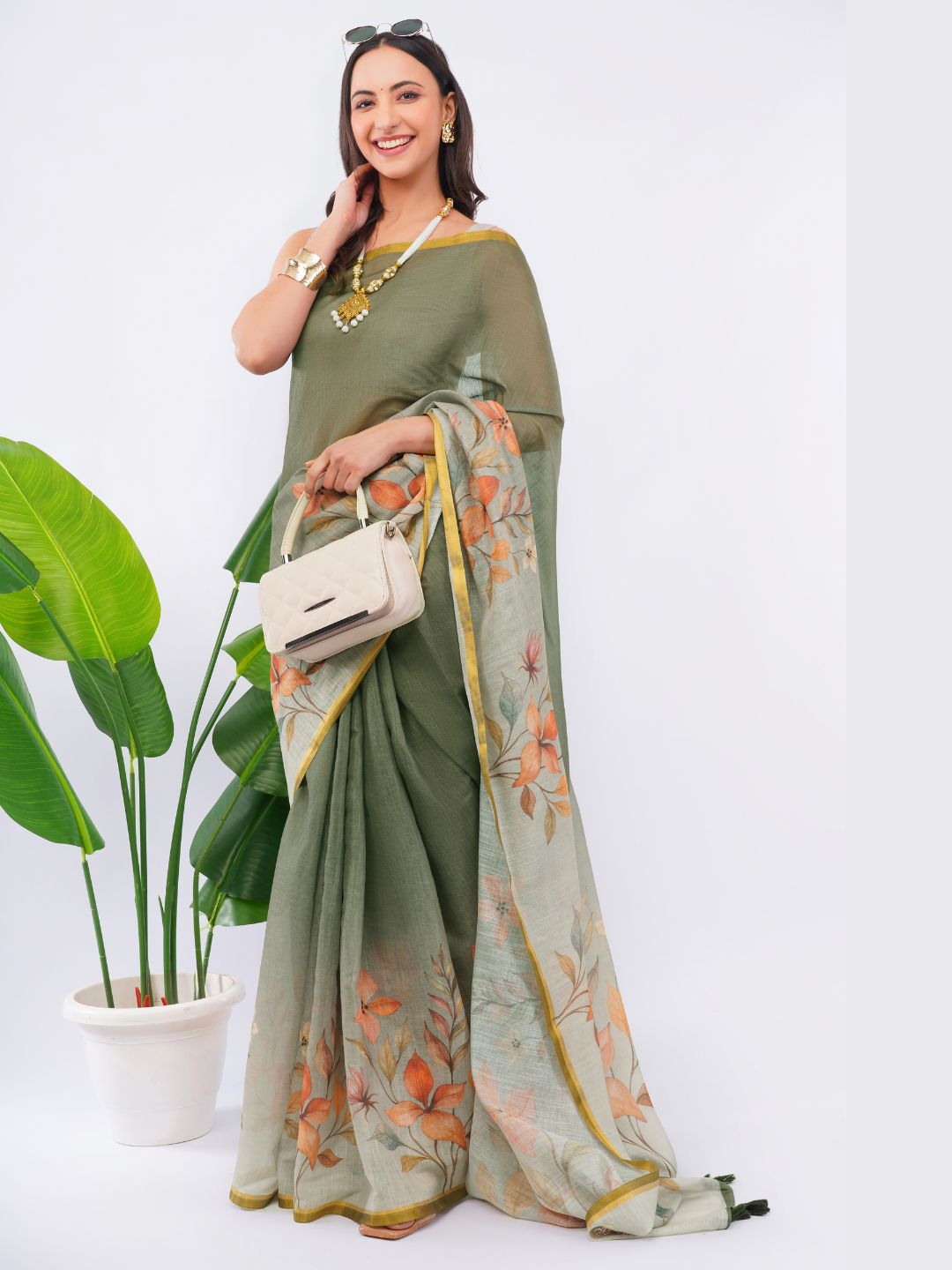 Samantha Women's Dusty Moss Green Linen Saree with Autumnal Floral Print & Contrast Blouse | Breathable Elegant Office Wear