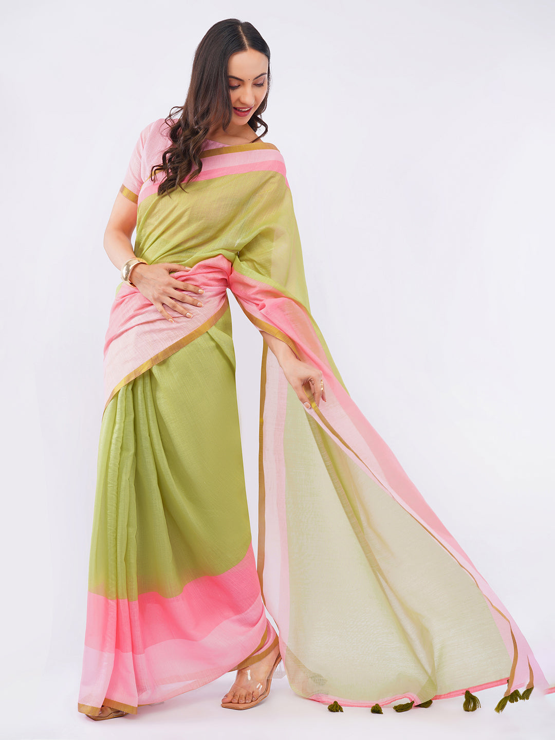 Samantha Women's Peach & Sage Green Ombre Linen Saree with Delicate Floral Print & Solid Blouse | Breathable Summer Day Wear