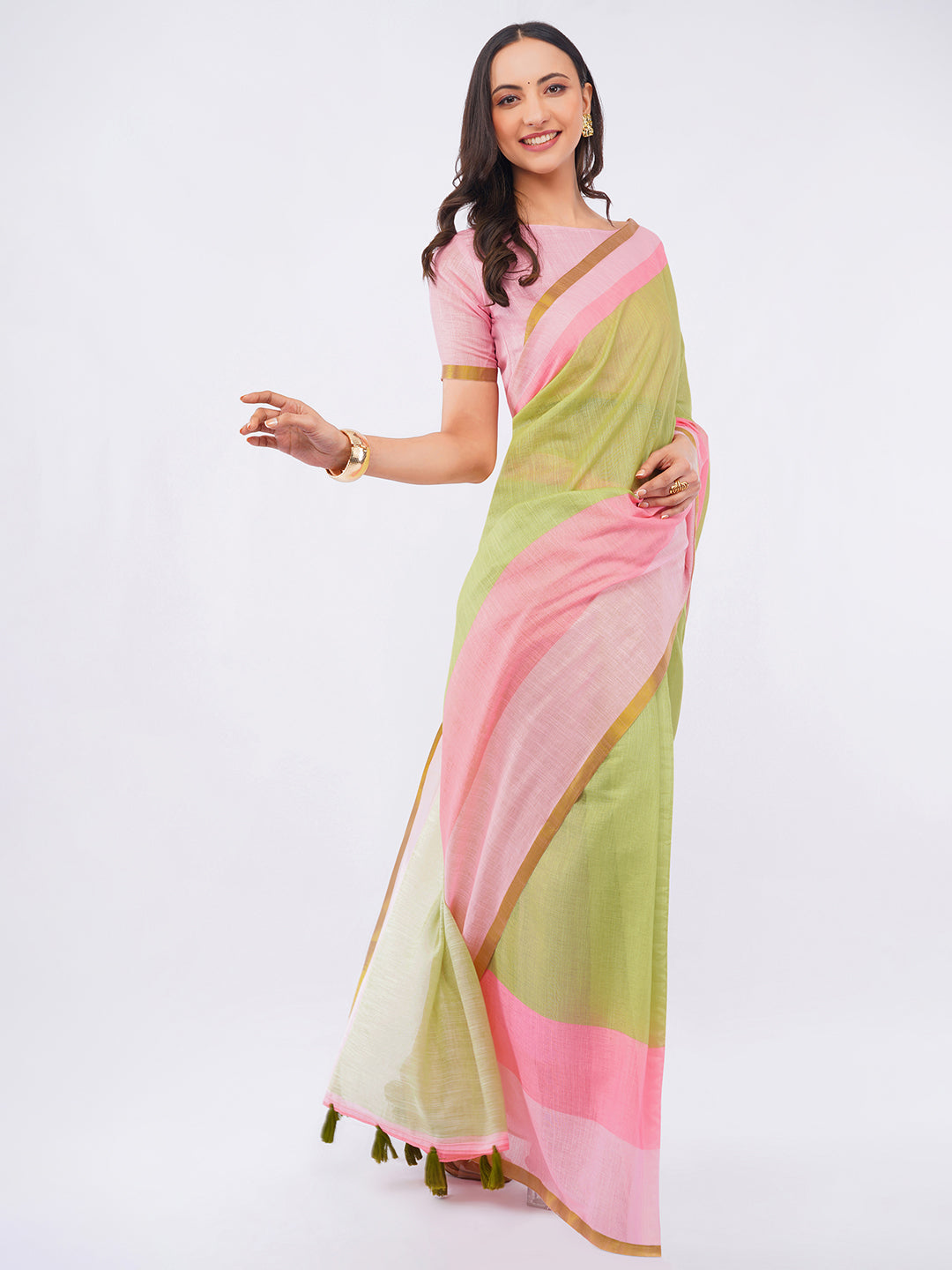 Samantha Women's Peach & Sage Green Ombre Linen Saree with Delicate Floral Print & Solid Blouse | Breathable Summer Day Wear