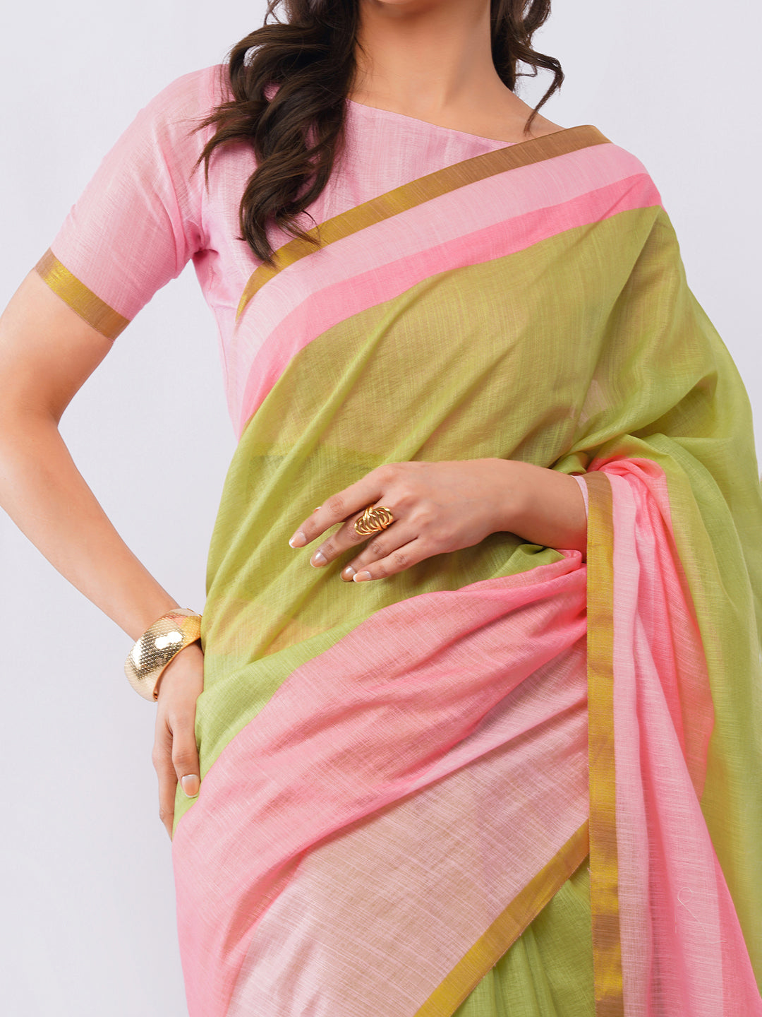 Samantha Women's Peach & Sage Green Ombre Linen Saree with Delicate Floral Print & Solid Blouse | Breathable Summer Day Wear