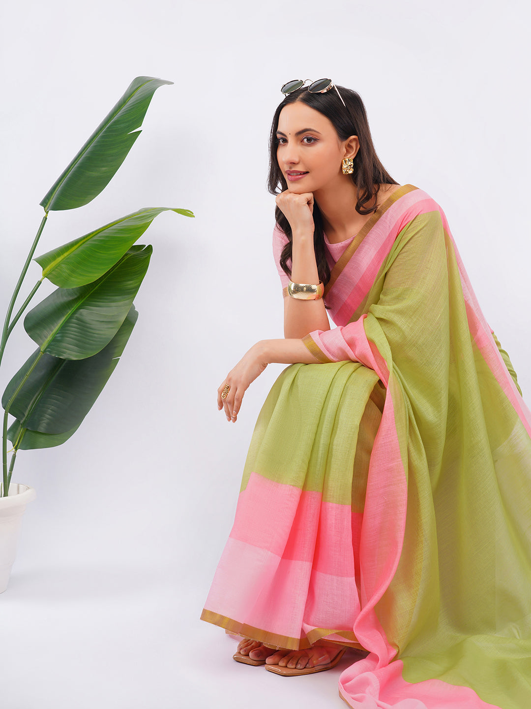 Samantha Women's Peach & Sage Green Ombre Linen Saree with Delicate Floral Print & Solid Blouse | Breathable Summer Day Wear