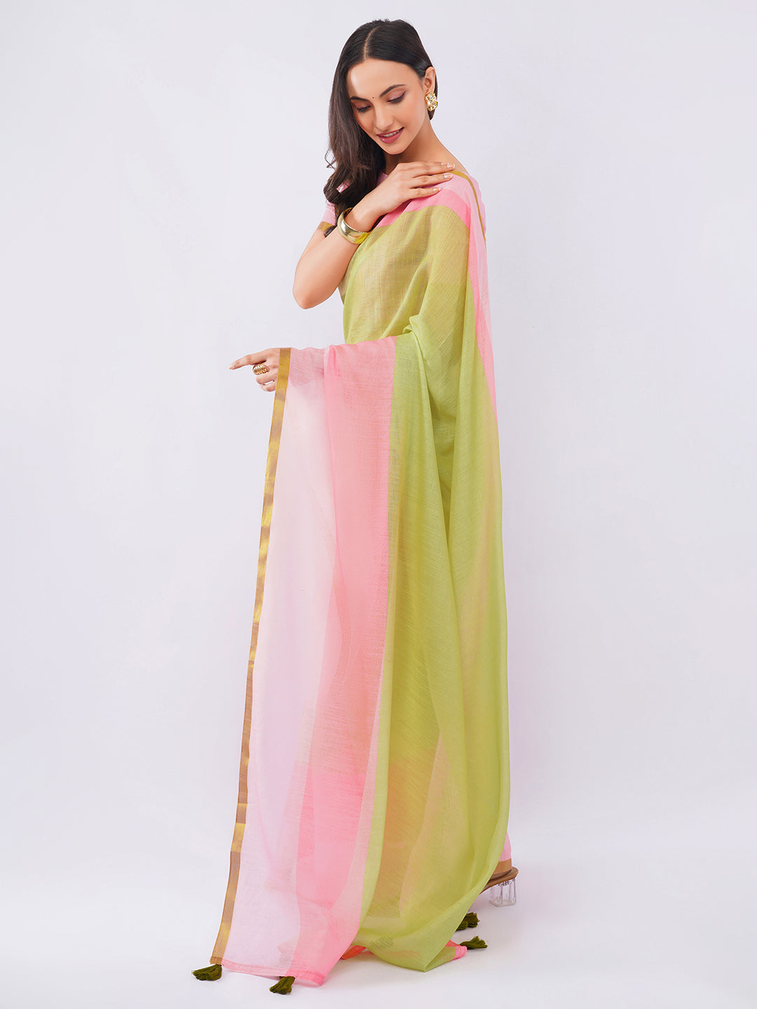 Samantha Women's Peach & Sage Green Ombre Linen Saree with Delicate Floral Print & Solid Blouse | Breathable Summer Day Wear