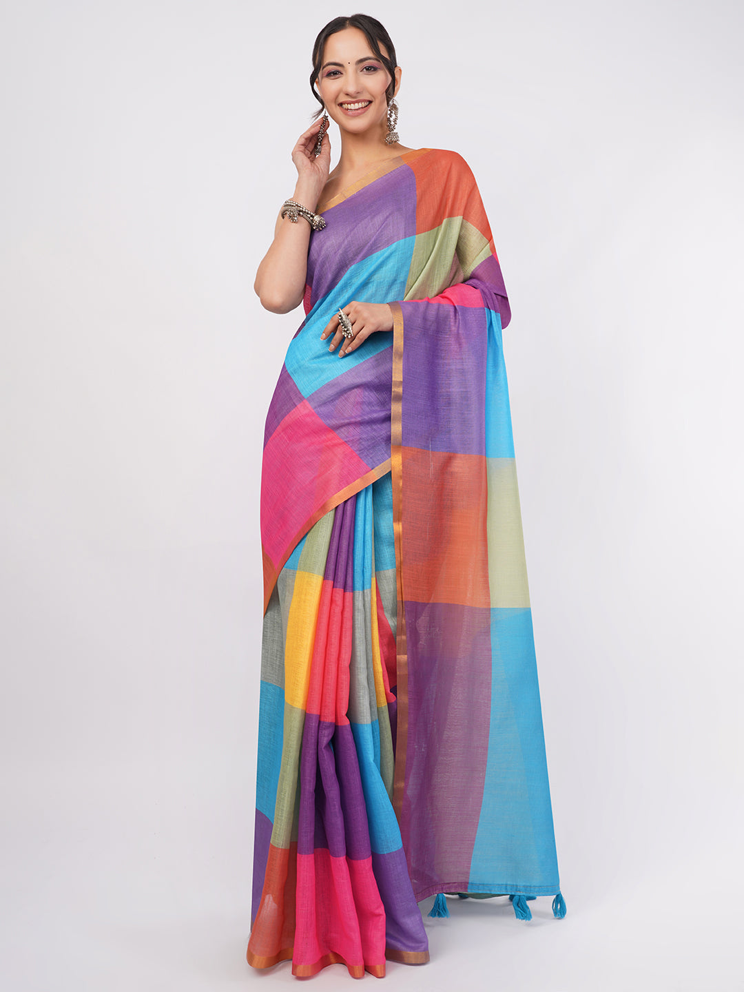 Samantha Women's Vibrant Multicolor Block Check Linen Saree with Contrast Blouse | Modern Breathable Day Wear