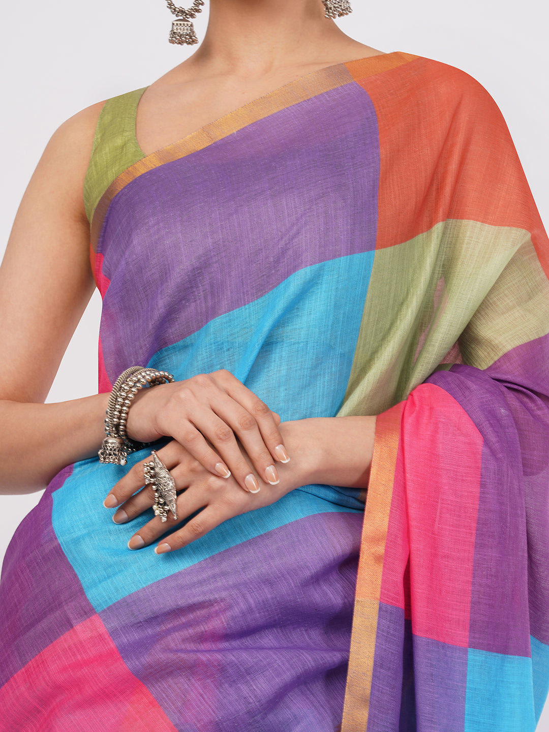 Samantha Women's Vibrant Multicolor Block Check Linen Saree with Contrast Blouse | Modern Breathable Day Wear