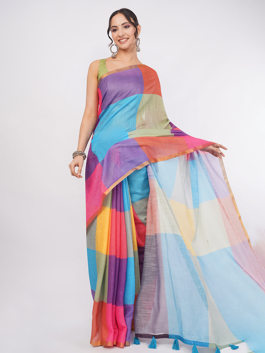 Vibrant multicolor technicolor block check linen saree draped by woman for modern day wear by Samantha