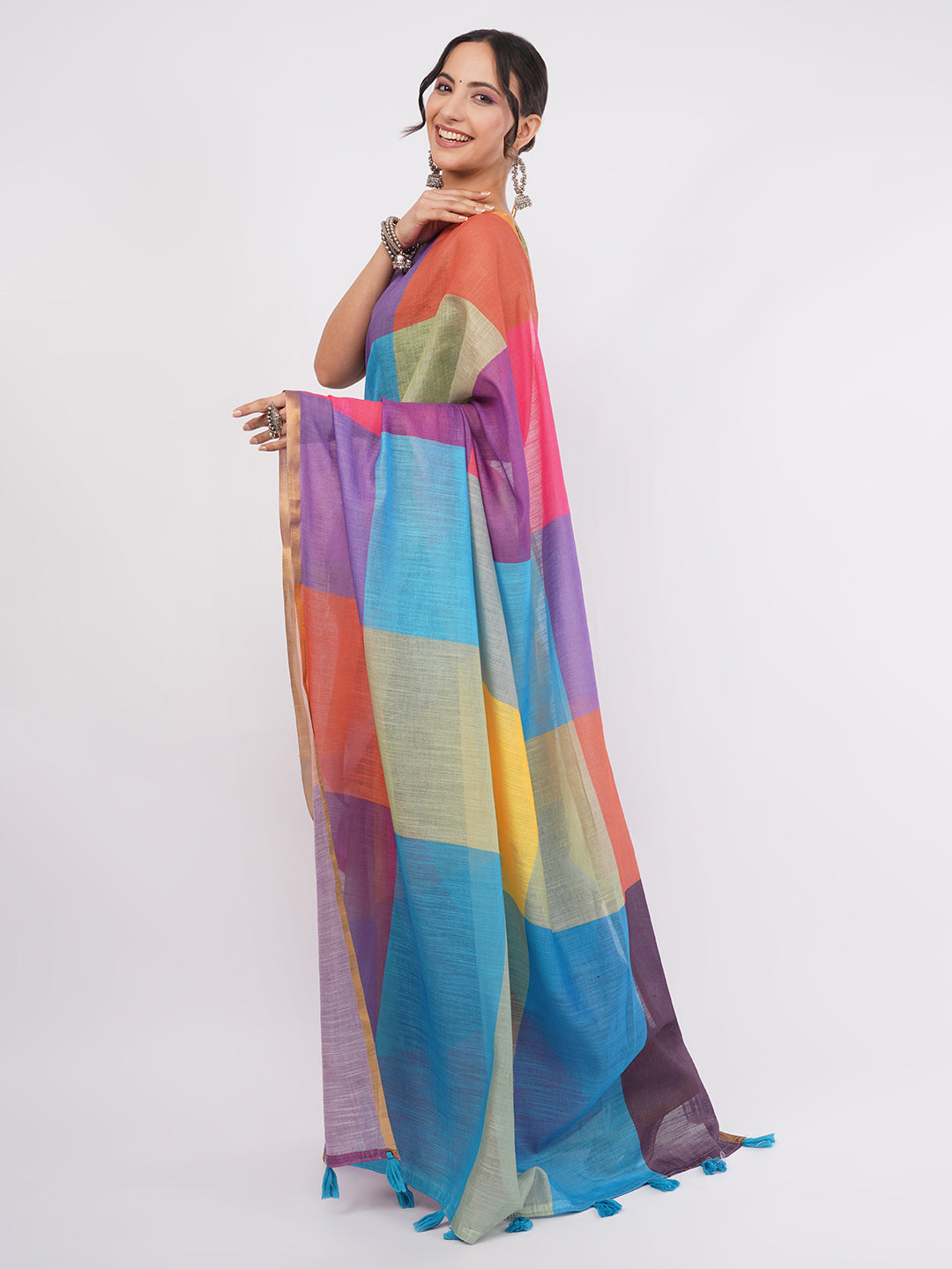 Samantha Women's Vibrant Multicolor Block Check Linen Saree with Contrast Blouse | Modern Breathable Day Wear