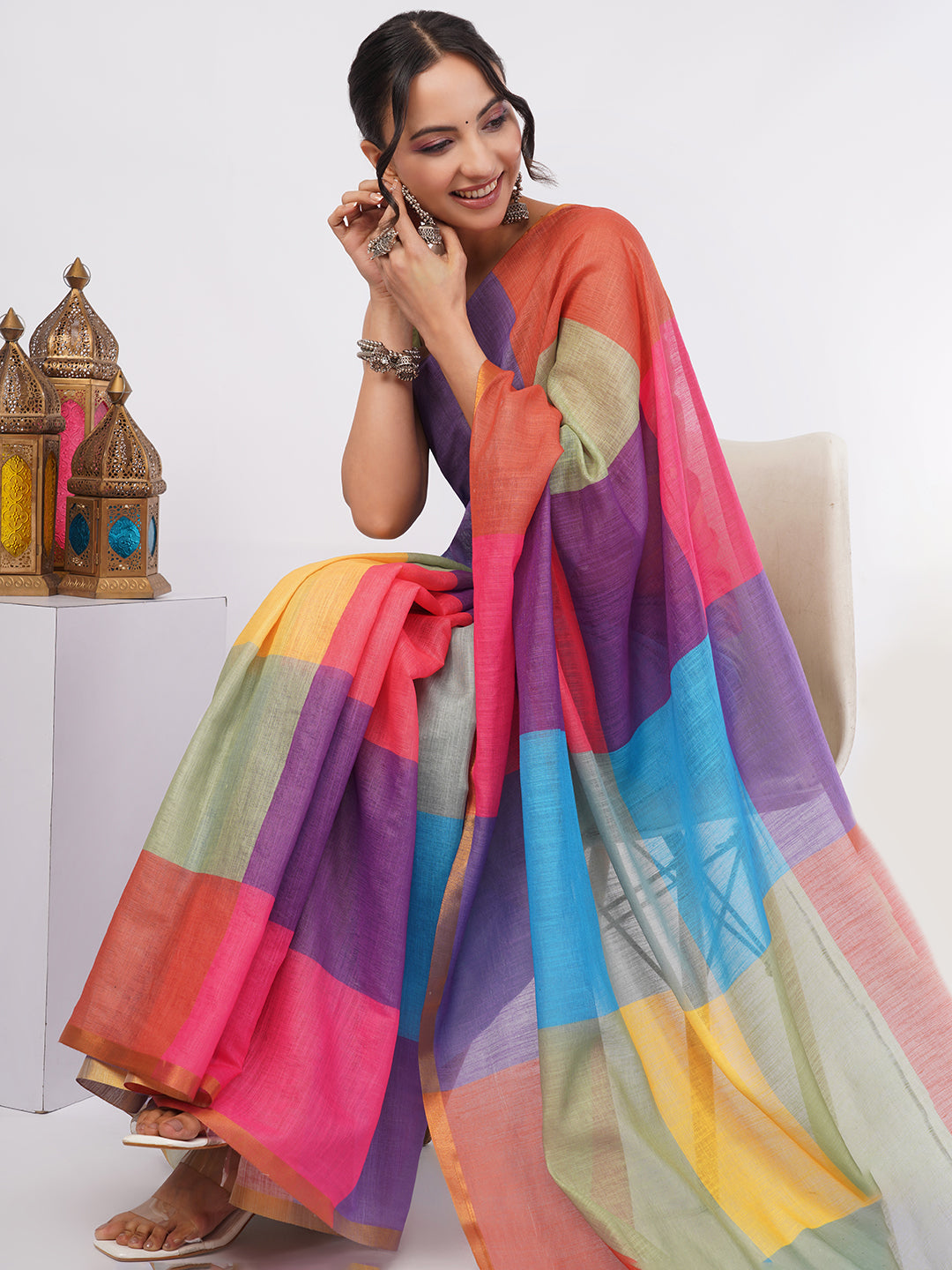 Samantha Women's Vibrant Multicolor Block Check Linen Saree with Contrast Blouse | Modern Breathable Day Wear