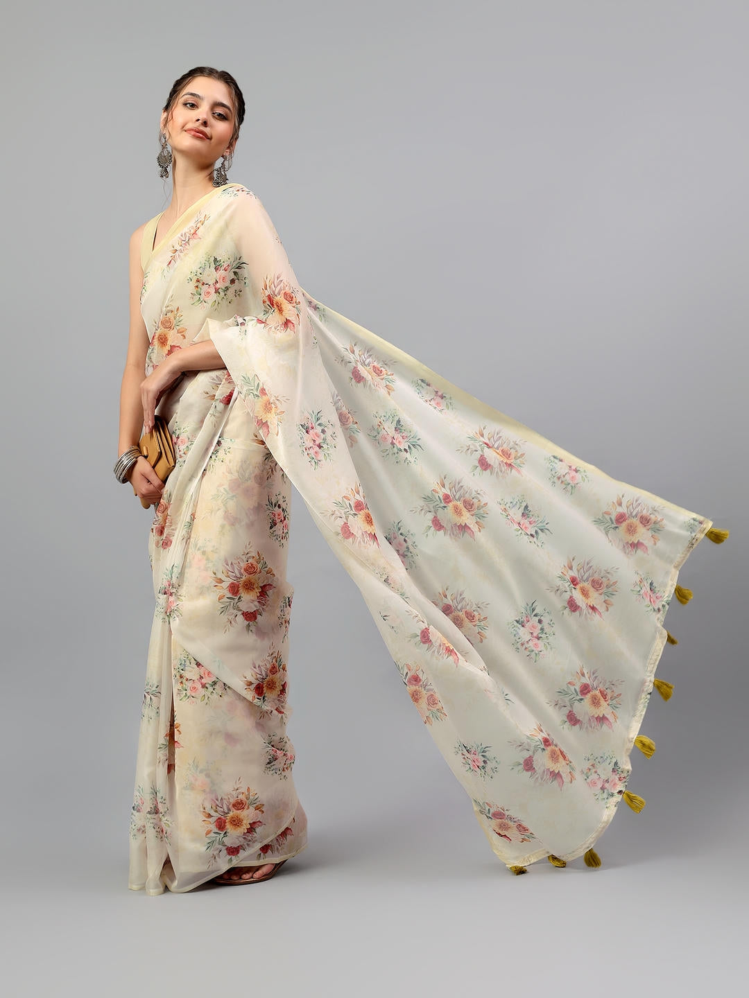 Samantha Earthy Rusty Green Floral Printed Saree | Sheer Vintage Drape
