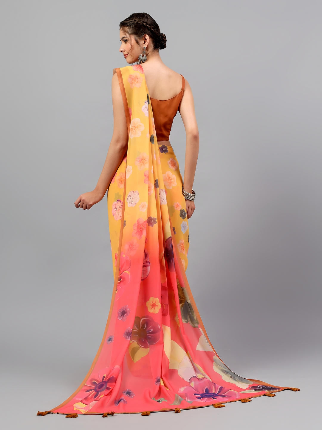 Samantha Amber Yellow Faux Georgette Saree | Ethnic Geometric Print