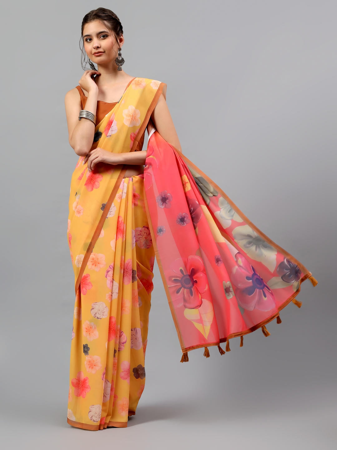 Samantha Amber Yellow Faux Georgette Saree | Ethnic Geometric Print
