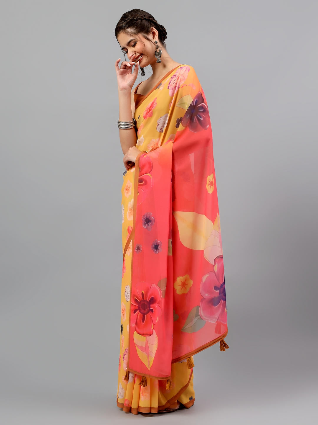 Samantha Amber Yellow Faux Georgette Saree | Ethnic Geometric Print
