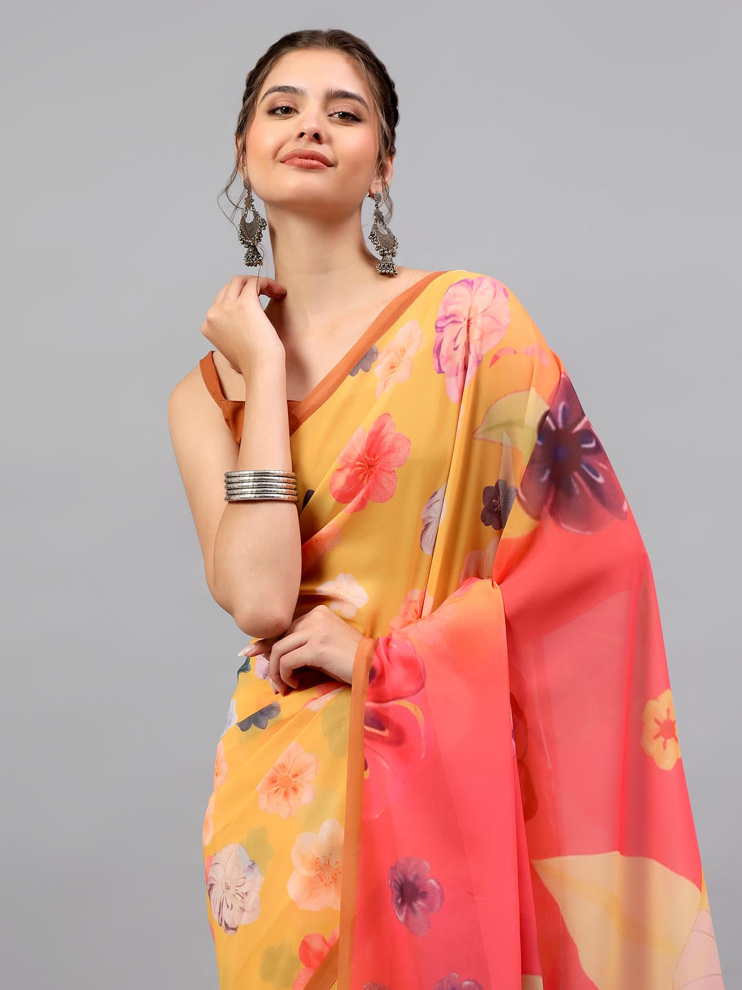 Samantha Amber Yellow Faux Georgette Saree | Ethnic Geometric Print